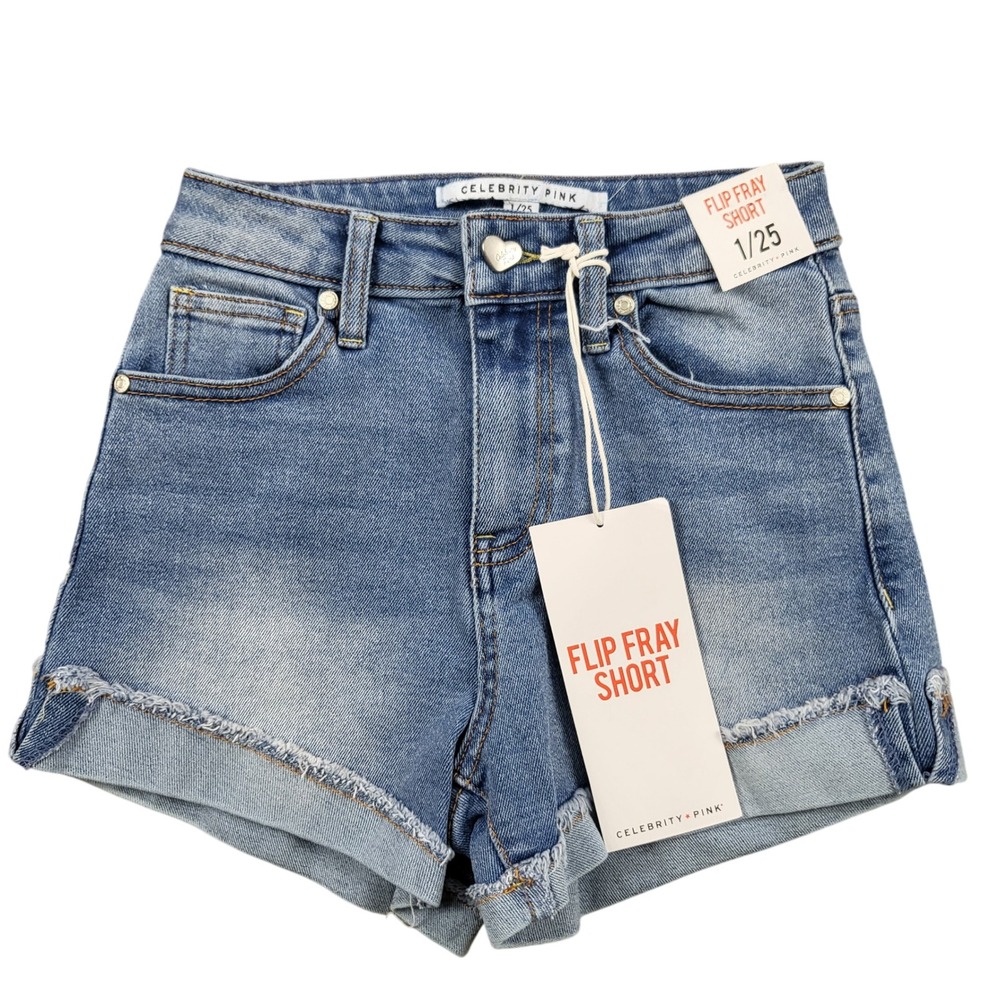 Celebrity Pink Womens Flip Fray Short Medium Wash Denim Size 1/25‎ NWT